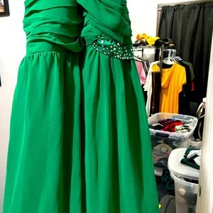 Green strapless dress.